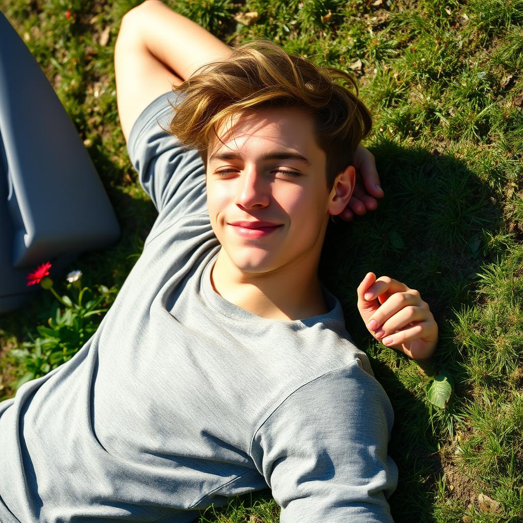 A young man lounging on the ground, positioned at a relaxed angle