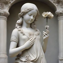 A detailed statue of a young girl delicately holding a blooming flower in her right hand, whilst gripping a sharp knife in her left hand.