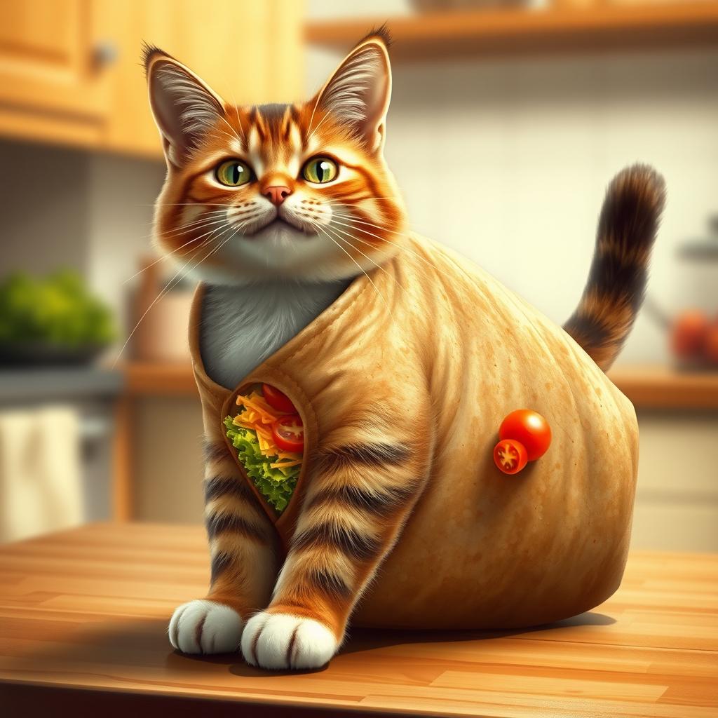 A realistic depiction of a bizarre fusion between a cat and a burrito