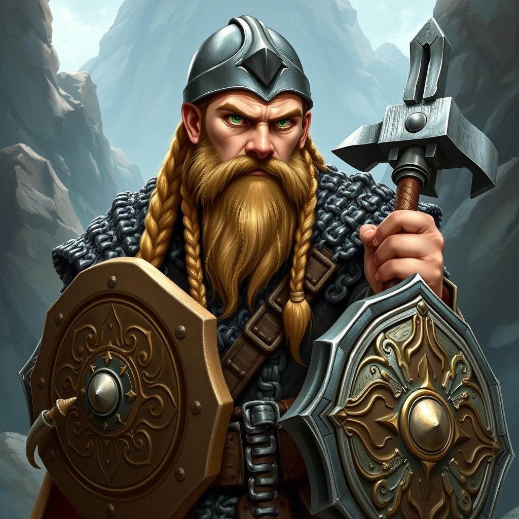 A detailed illustration of a Dwarven cleric featuring light brown braided hair and beard, tan skin, and striking green eyes