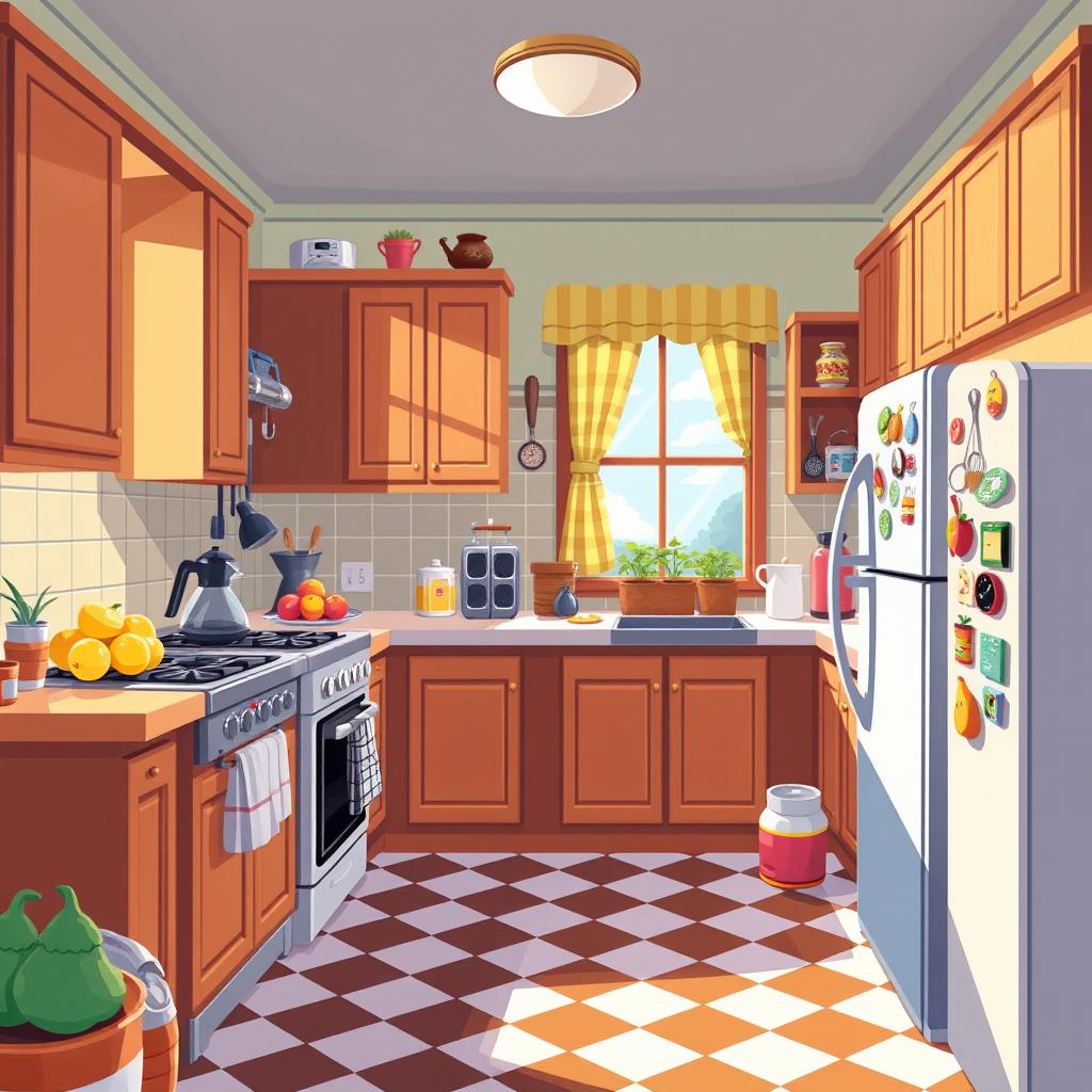 A vibrant and colorful 2D pixel art style kitchen scene, featuring a cozy atmosphere with wooden cabinets, a classic stove, and a fridge adorned with magnets