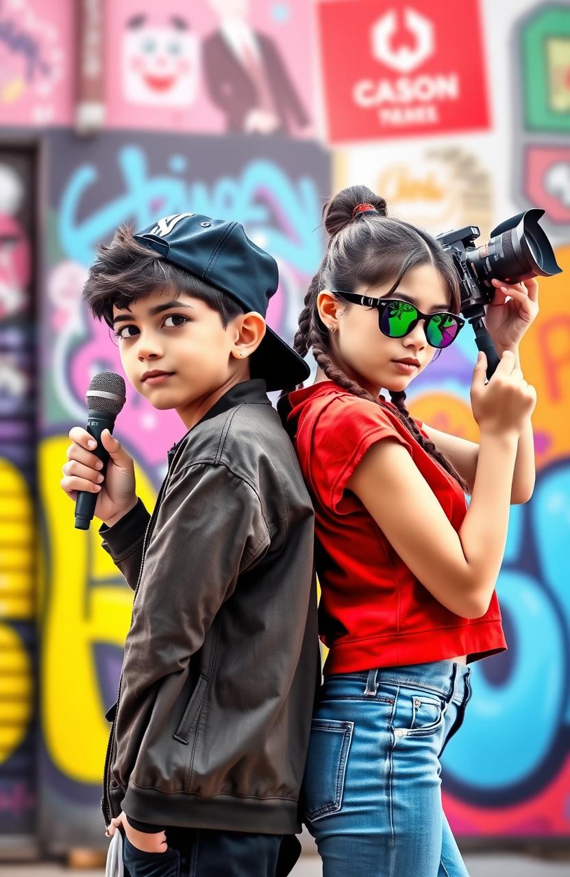 A boy holding a microphone and a girl holding a camera, standing back to back