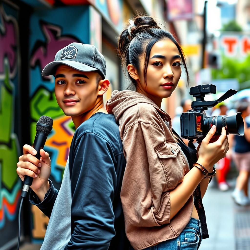 A young man holding a microphone and a young woman with a camera, standing back to back