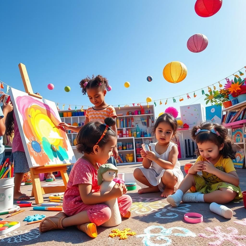 A vibrant and inspiring scene showcasing a group of diverse children artistically engaged in various creative activities