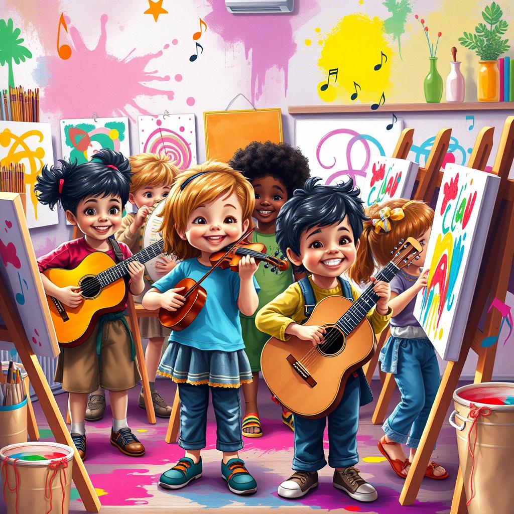 A vibrant and lively scene depicting children as artists, showcasing their creative talents
