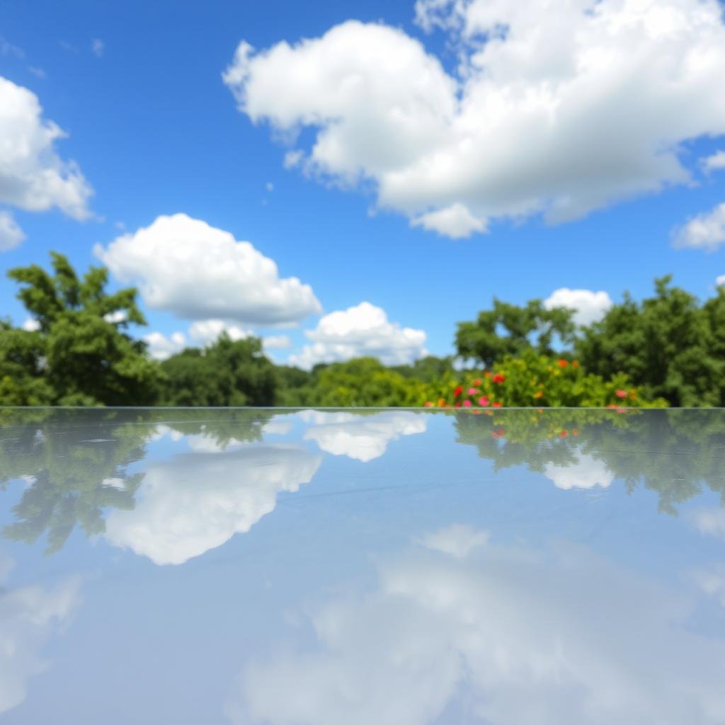 A clean, beautifully reflective surface in a serene environment, showcasing a flawless reflection of surrounding nature