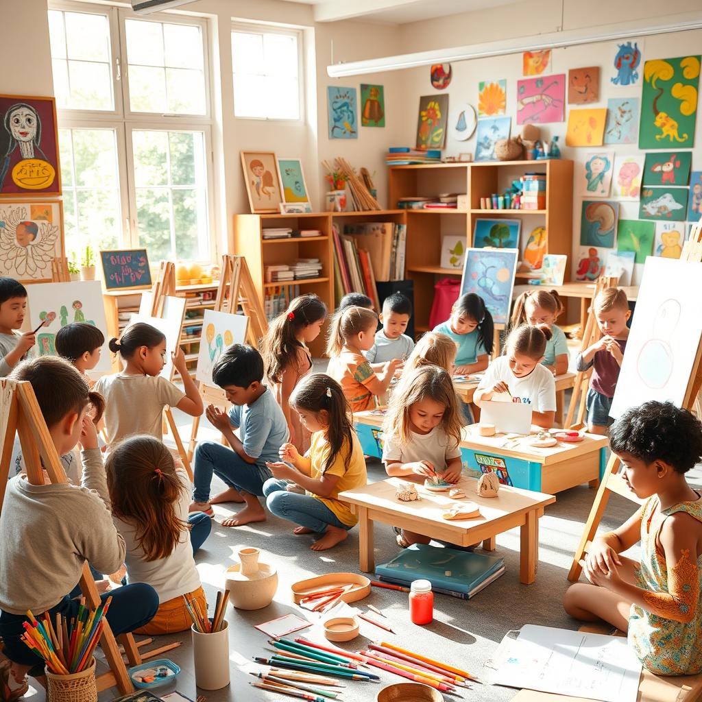 A vibrant art school setting filled with diverse children of various ethnicities engaged in different artistic activities