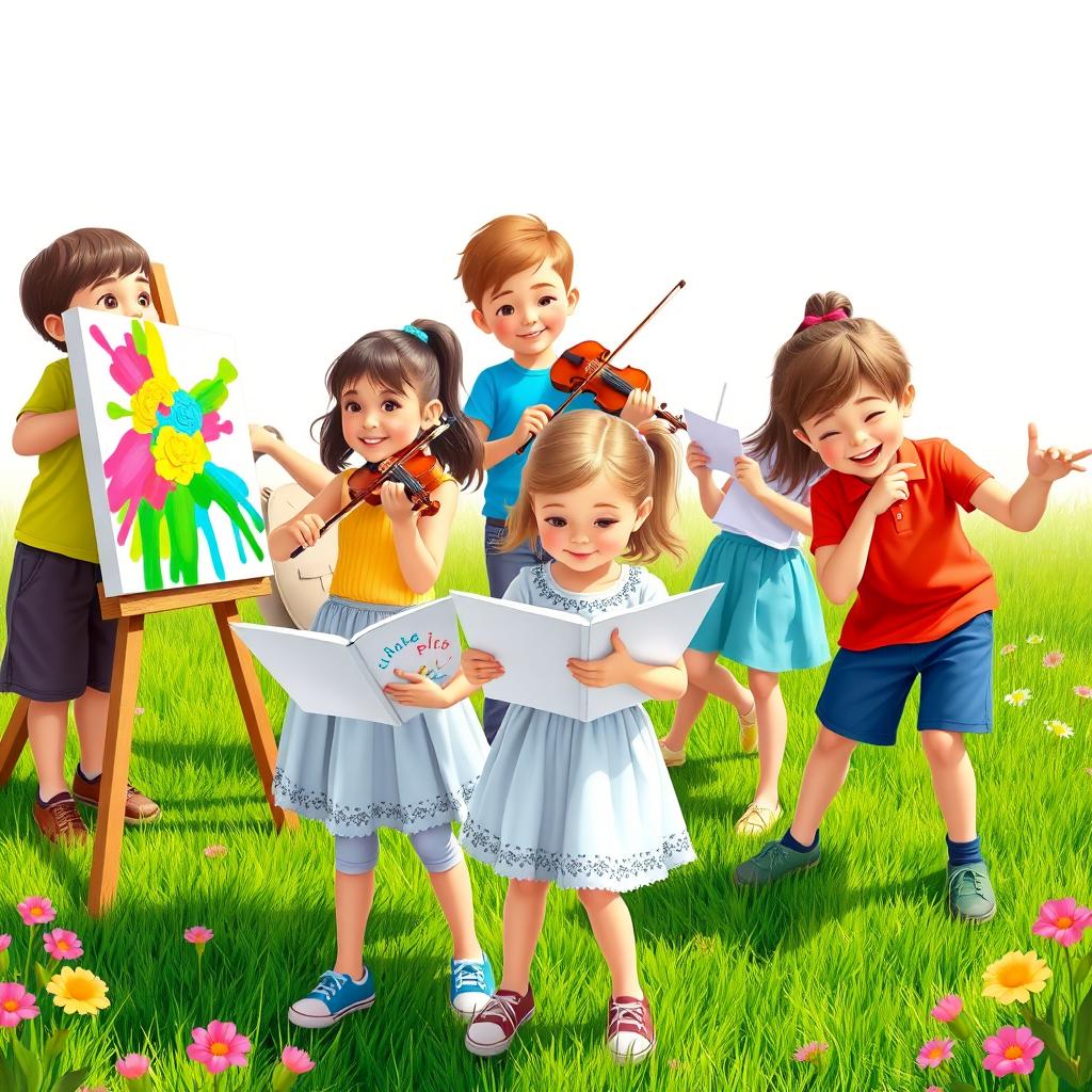 A vibrant and colorful scene featuring six children, three boys and three girls, each engaged in different artistic activities