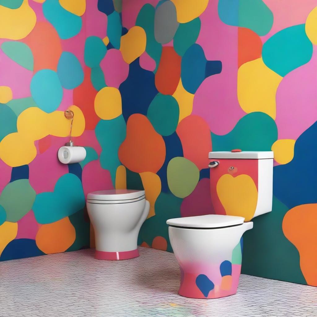 A whimsical, colorful, and stylish toilet evoking pop-cultural expressions like the Skibidi dance phenomenon