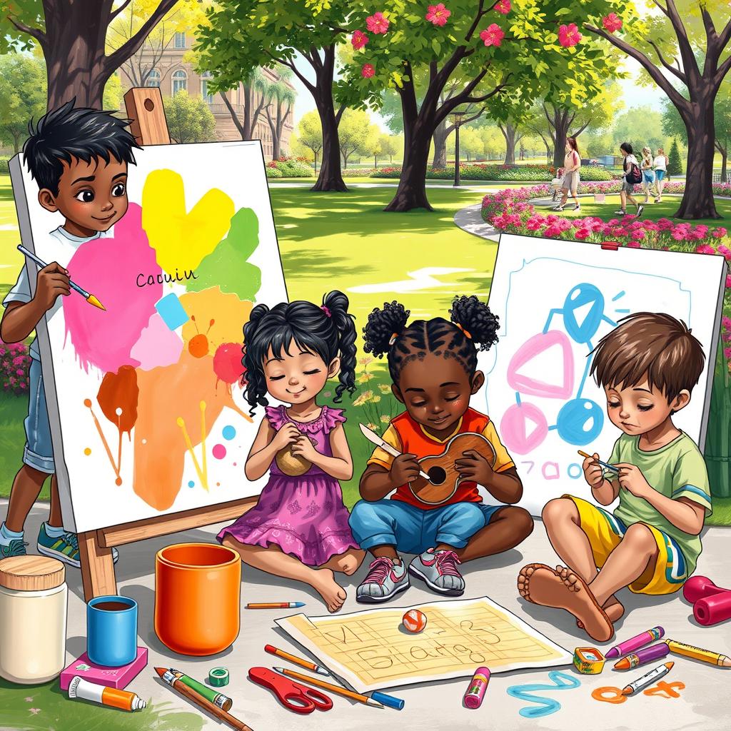 A vibrant scene depicting six children, three boys and three girls, engaged in various art activities