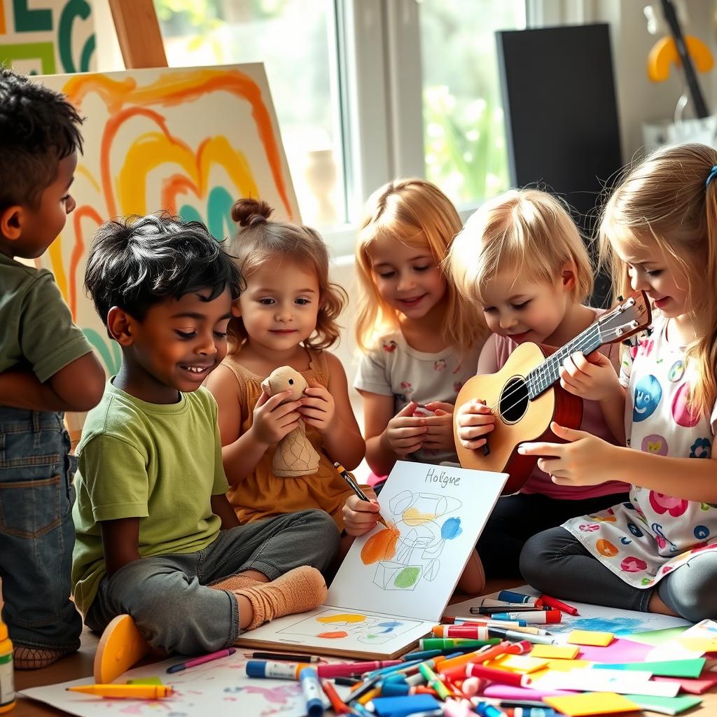 A lively and colorful scene depicting a diverse group of six children, including boys and girls with both medium to dark skin tones and blonde hair