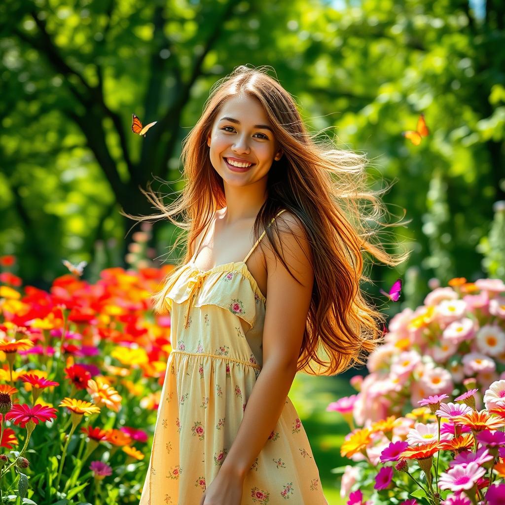 A young woman with long flowing hair, standing in a beautiful garden filled with vibrant flowers