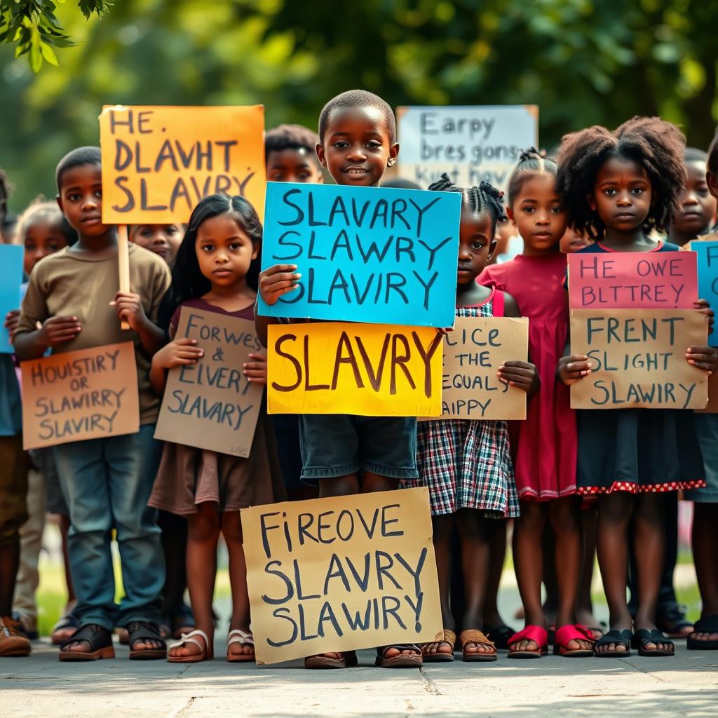 A powerful and inspirational scene depicting a diverse group of children, both boys and girls, standing together in solidarity against slavery