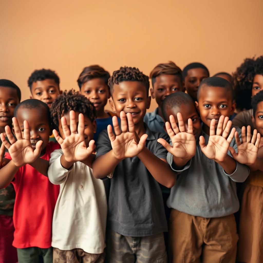 A group of diverse children, both boys and girls, standing together in a powerful stance against slavery