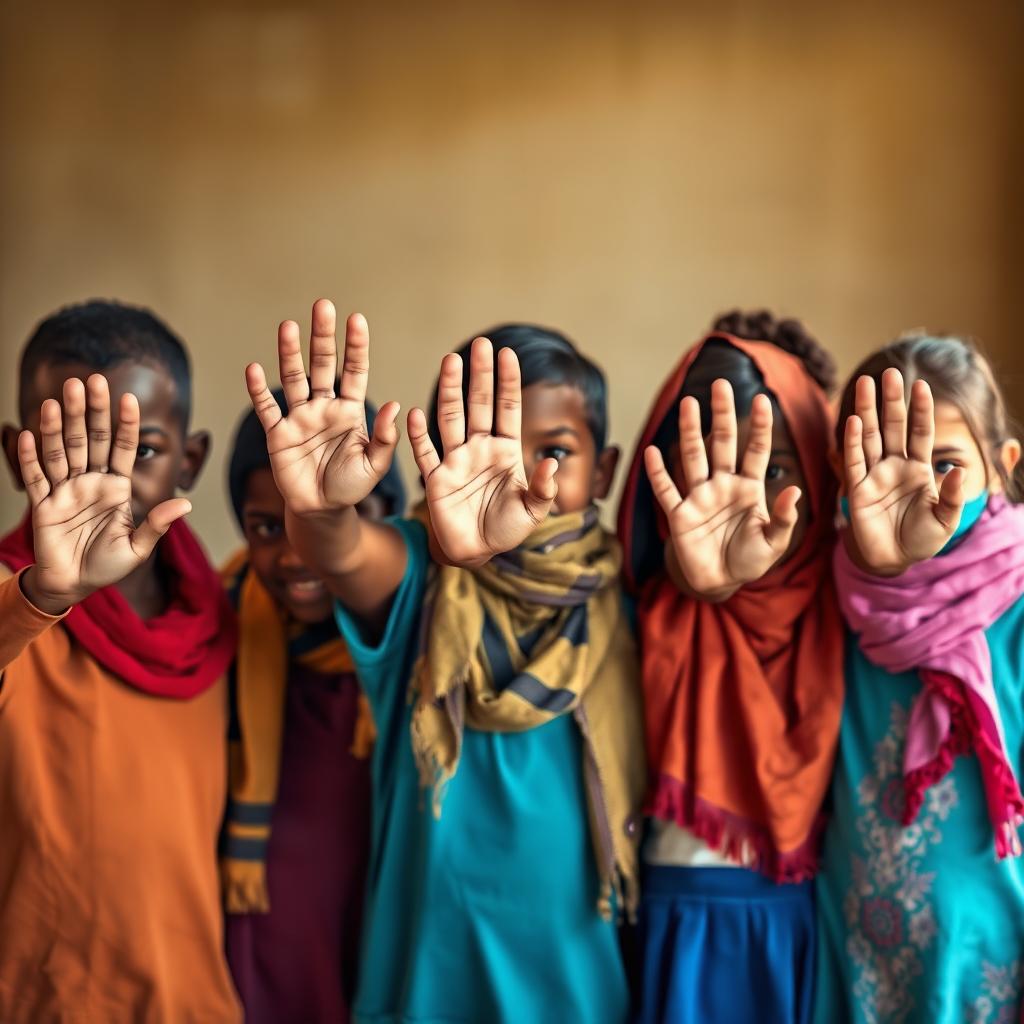 Five children, two boys and three girls, standing together in a medium shot