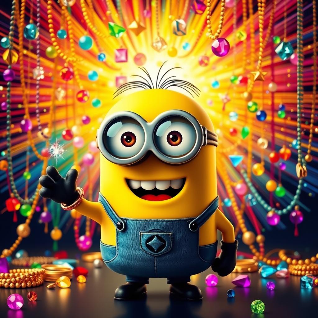A whimsical scene featuring a cheerful minion wearing sunglasses, surrounded by a vibrant explosion of colorful jewelry