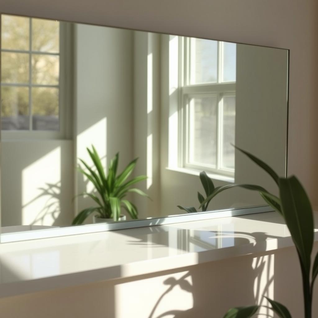 A clean and pristine mirror reflecting a warm and inviting room
