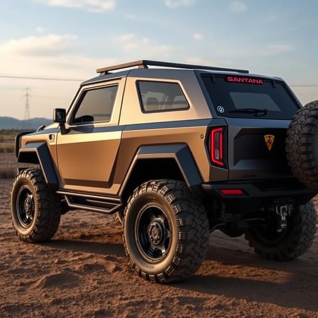 A sleek and rugged Santana Viriato 3-door off-road vehicle, showcasing a raw steel finish, featuring an angular, innovative design reminiscent of the Tesla Cybertruck