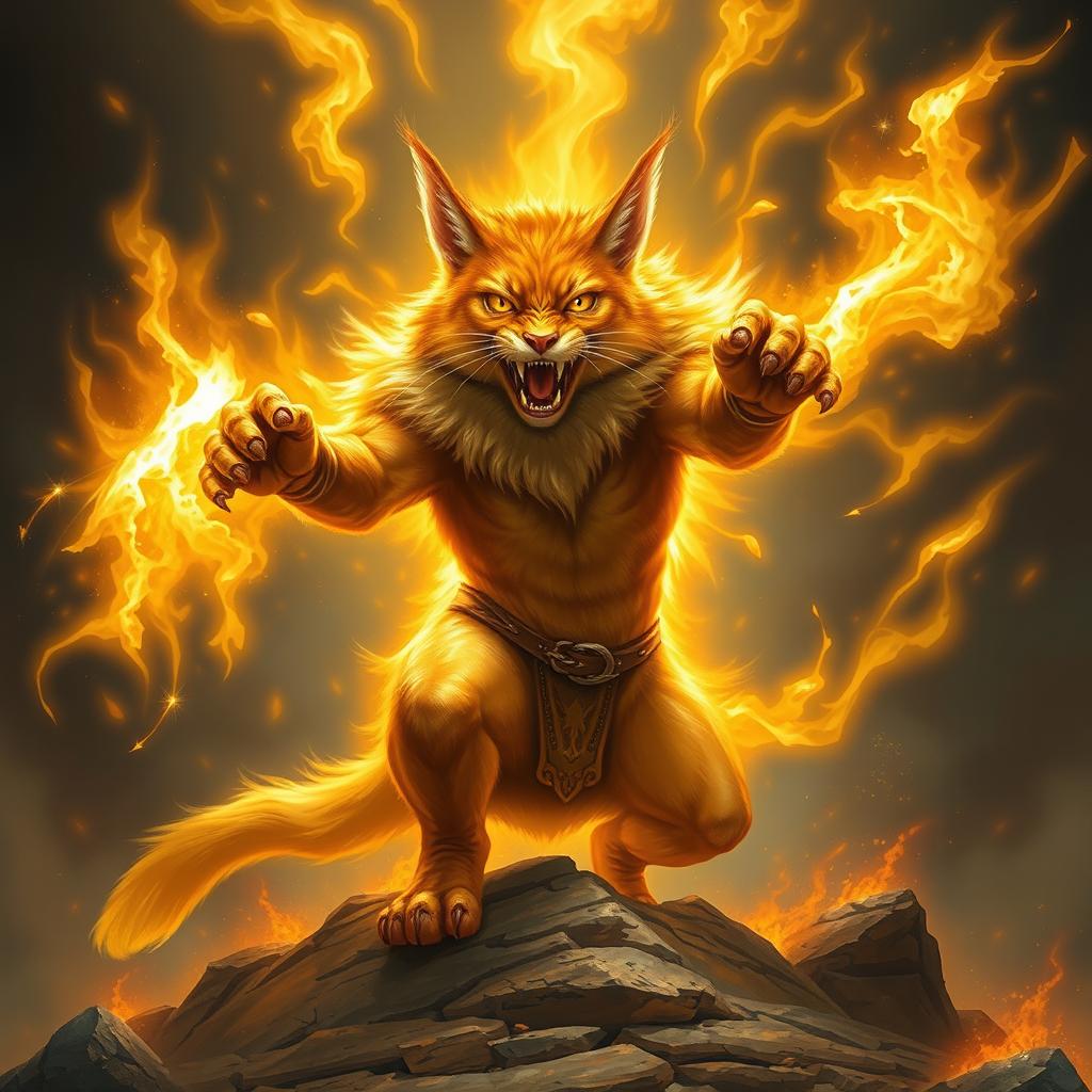 A fierce Tabaxi barbarian rising from the ground, adorned with striking orange fur