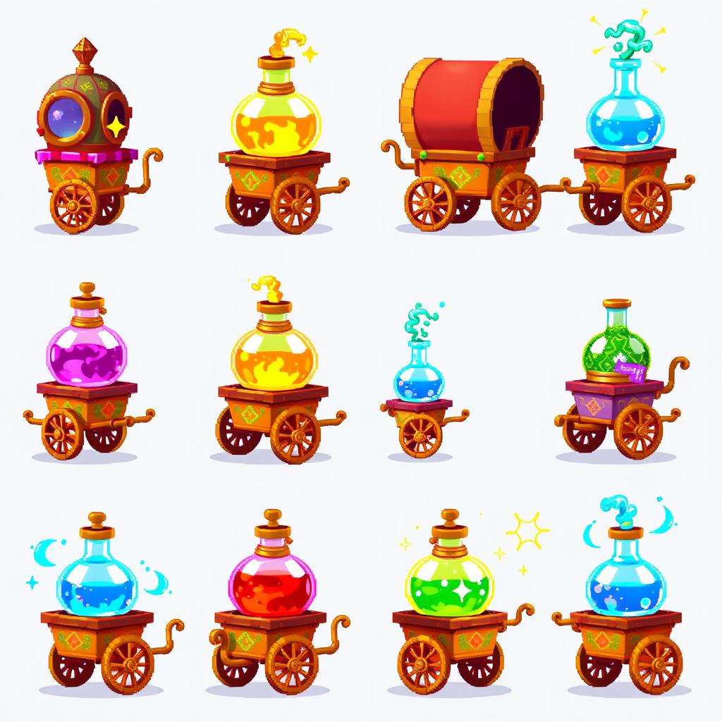 A colorful pixel art spritesheet featuring various magical potion carts