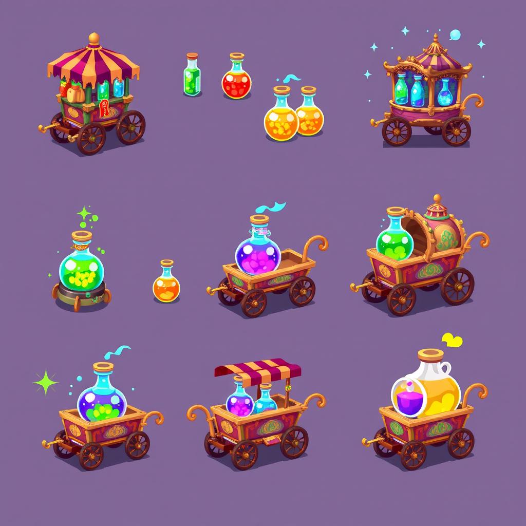 A colorful pixel art spritesheet featuring various magical potion carts