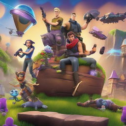 A vibrant and eye-catching Disney movie poster, featuring Fortnite themes and characters in a magical adventure setting reminiscent of Walt Disney's unique storytelling style