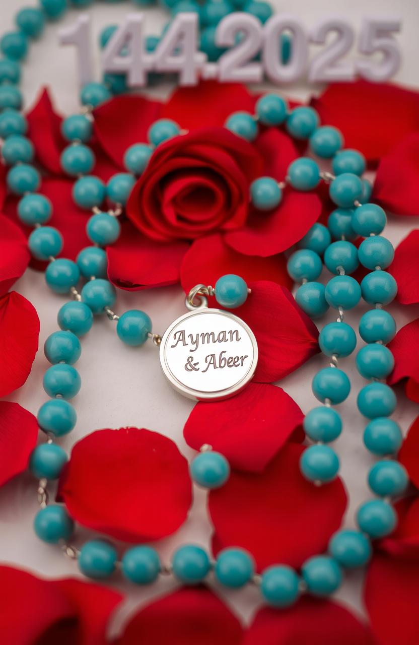 A beautiful turquoise rosary featuring a silver medal engraved with the names 'Ayman & Abeer'