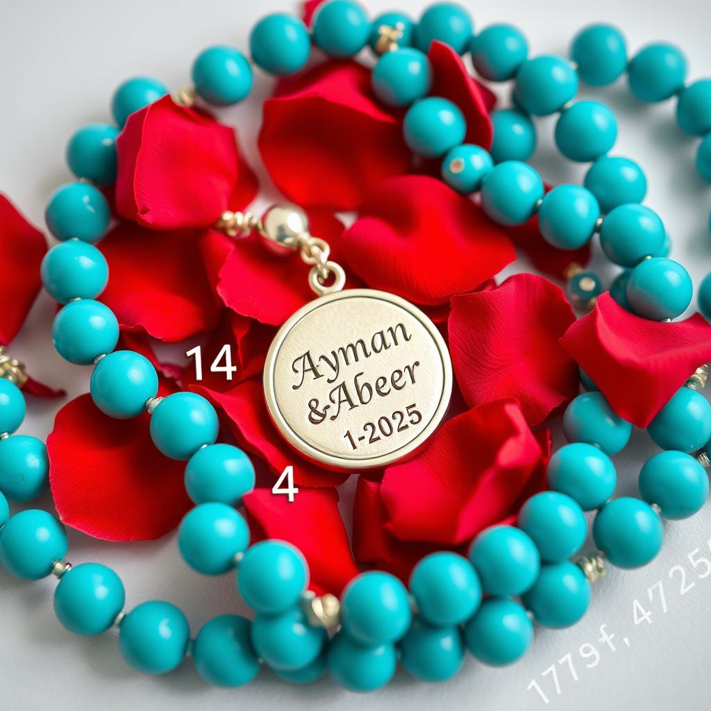 A beautifully arranged turquoise rosary featuring a silver medal engraved with 'Ayman & Abeer'