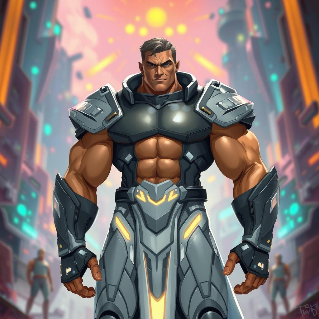 A tall, strong character standing confidently with a heroic posture, wearing a sleek, futuristic armor
