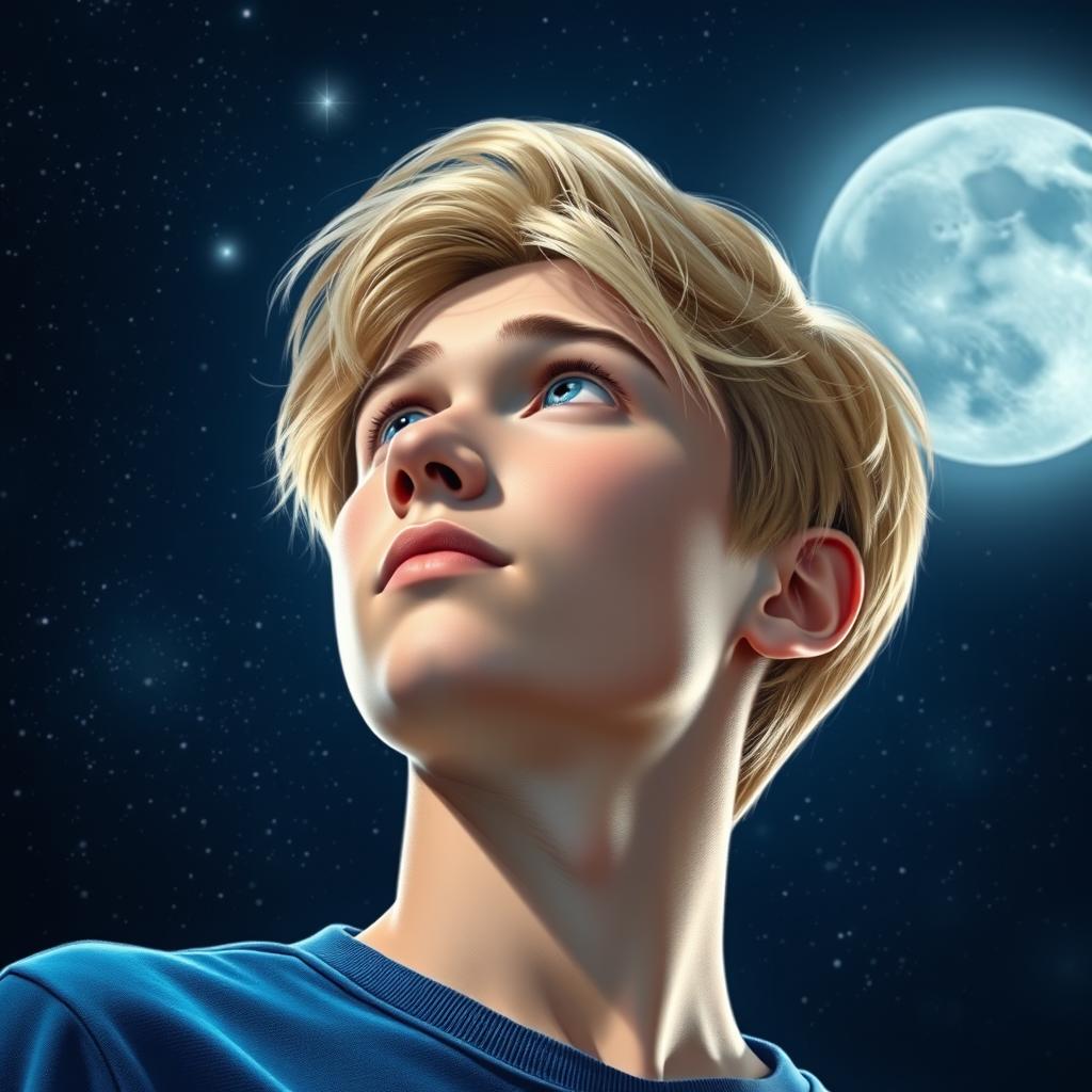 A handsome young man gazing up at a starry night sky, his blue clothes contrasting beautifully with the deep darkness of the night