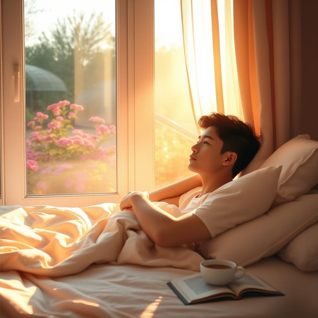 A serene morning scene with a person waking up in a warm, sunlit bedroom, gazing thoughtfully out of a window