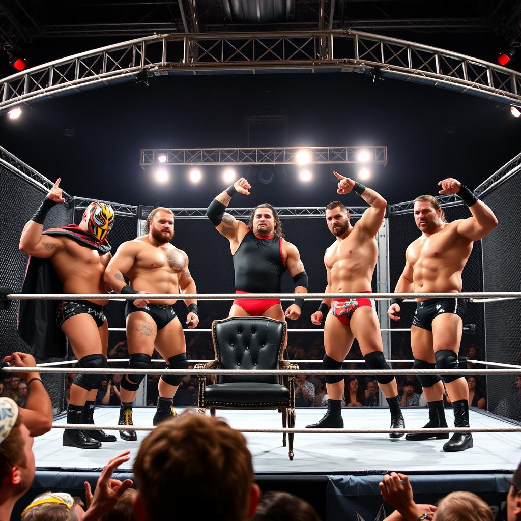 An intense wrestling scene inside an Elimination Chamber, featuring six muscular wrestlers in a high-action moment