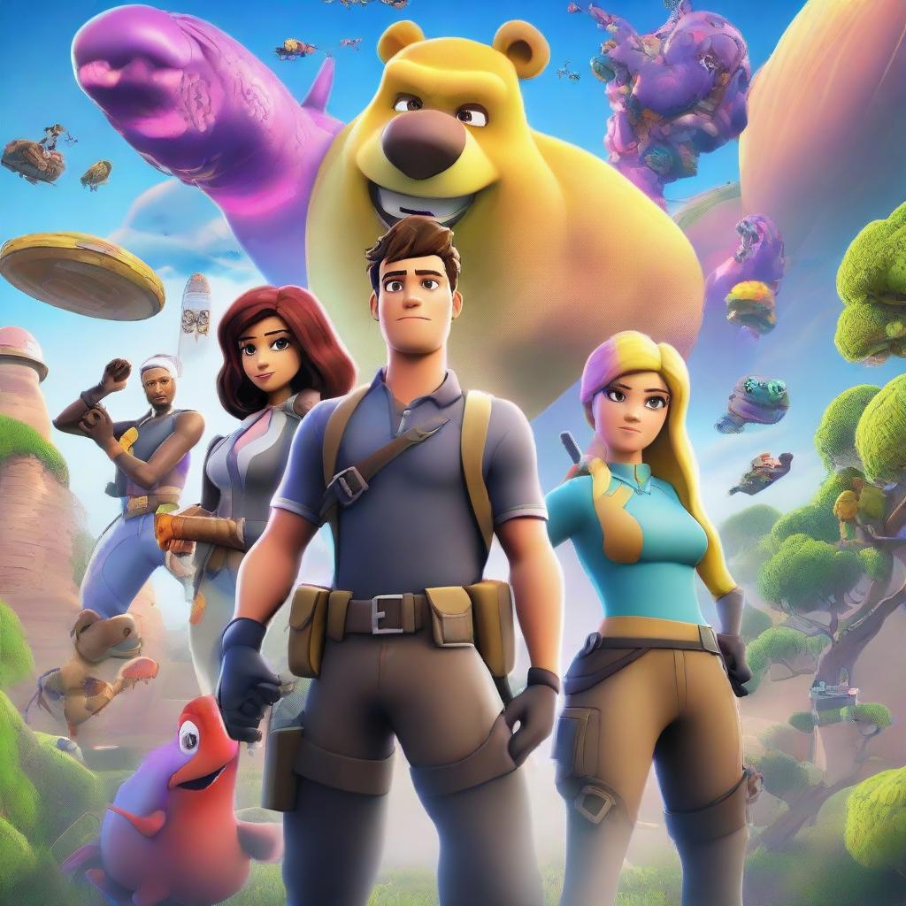 A vibrant and eye-catching Disney movie poster, featuring Fortnite themes and characters in a magical adventure setting reminiscent of Walt Disney's unique storytelling style