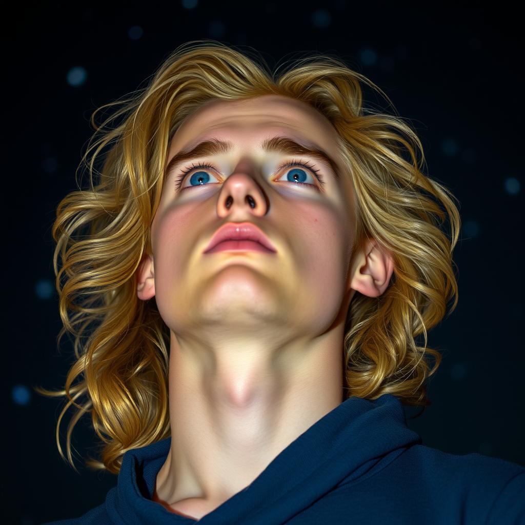 A handsome young man with long, wavy blonde hair, looking up at the night sky