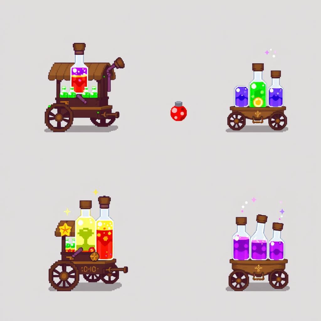 A pixel art spritesheet showcasing various magical potion carts