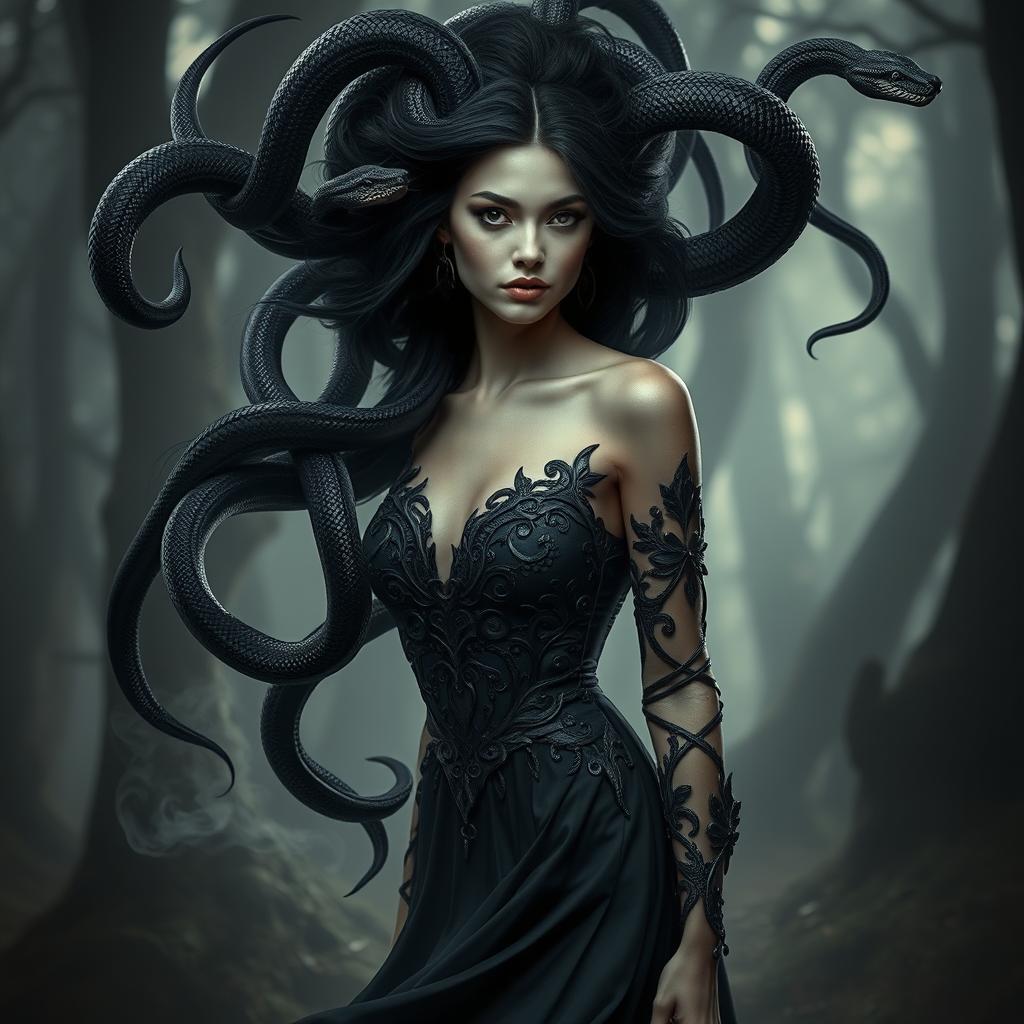 A striking figure of a woman with long, flowing black snake hair, her hair twisting and coiling like real snakes, each with unique patterns and textures