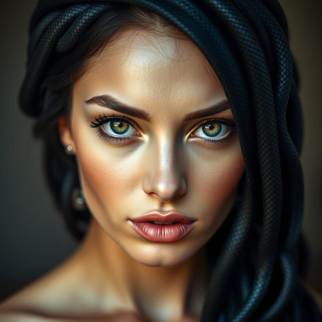 A close-up portrait of a woman with snake-like black hair, resembling beautiful serpents cascading down her shoulders