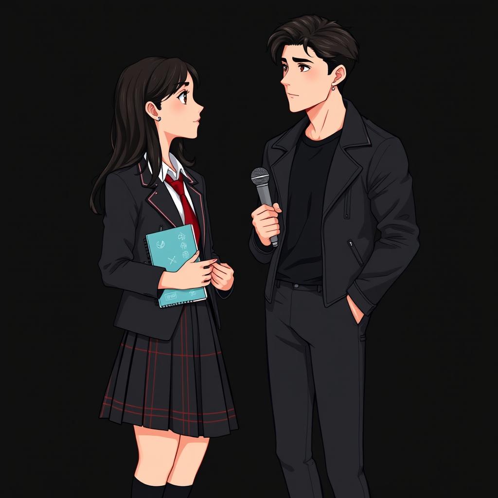 Illustration of two young adults facing each other, with soft expressions and a black background