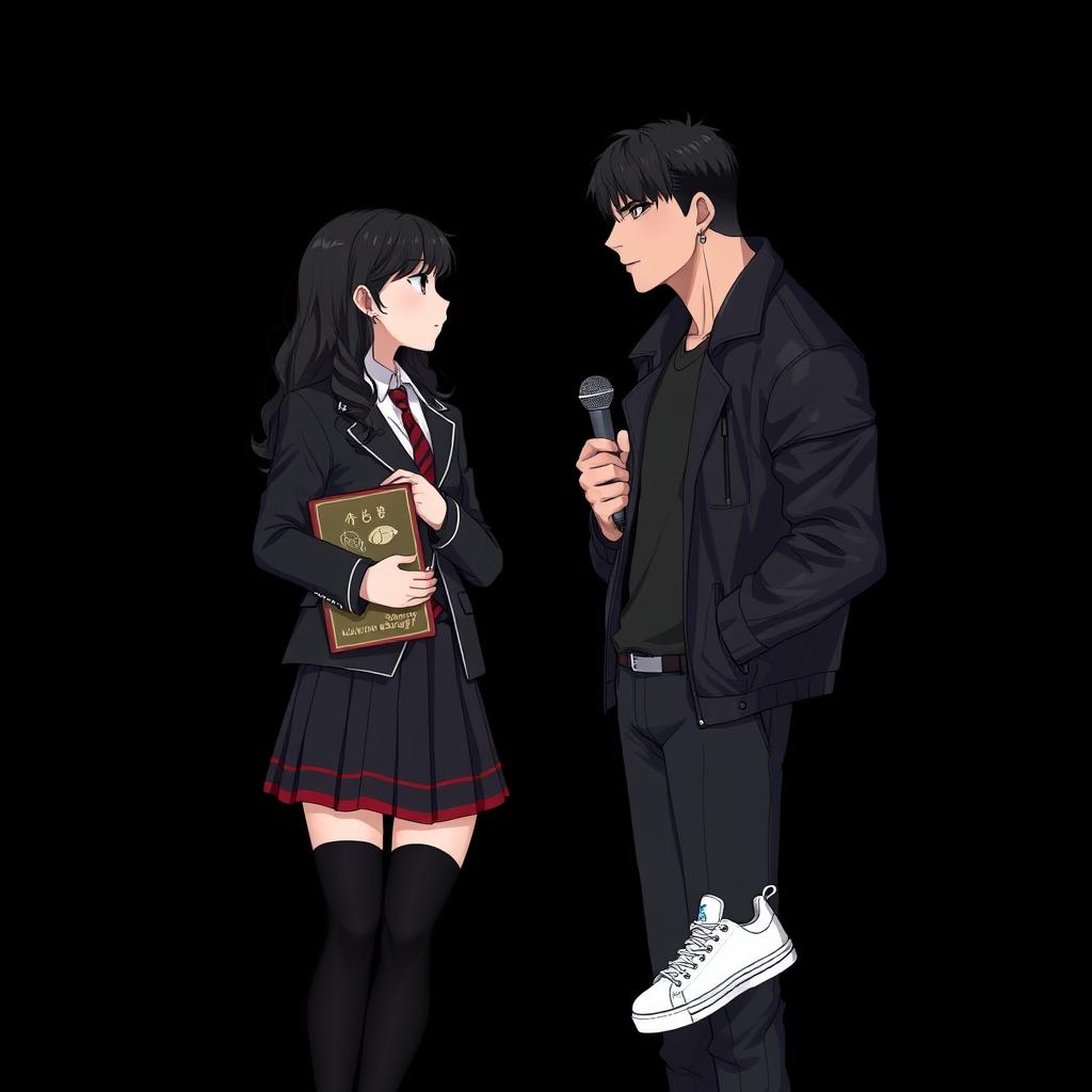 A scene featuring two characters facing each other against a stark black background