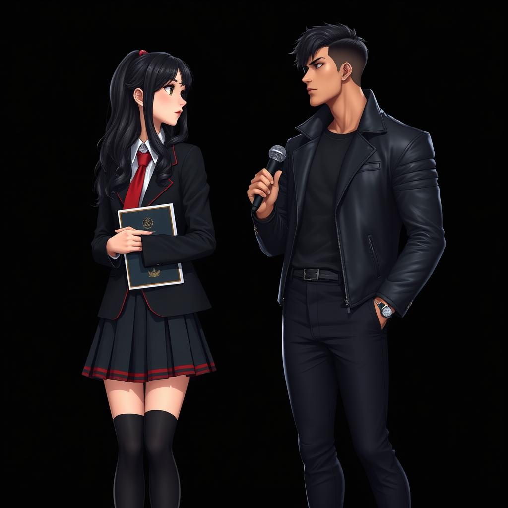 Two characters facing each other against a stark black background in a realist style