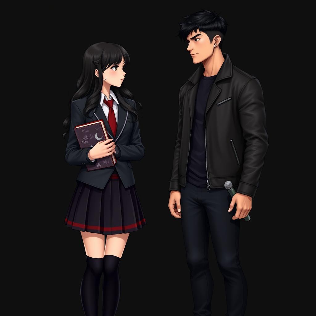 Two characters facing each other against a solid black background in a realist style