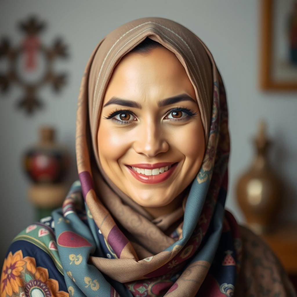 A graceful woman wearing a colorful hijab