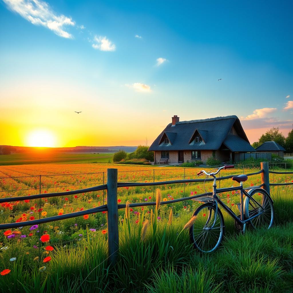 A beautifully crafted scene in a serene countryside setting during sunset