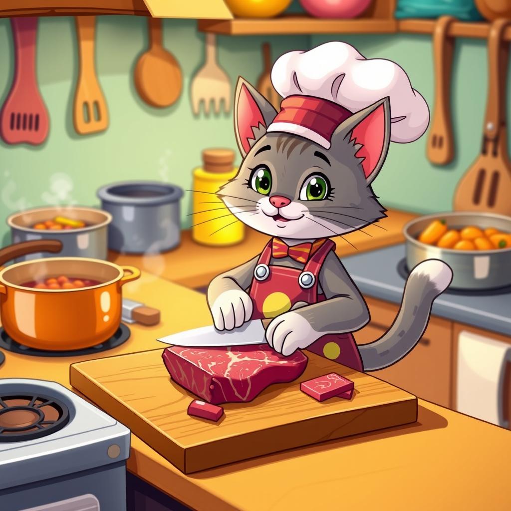 A whimsical cartoon scene featuring a charming cat wearing a colorful apron and a chef's hat