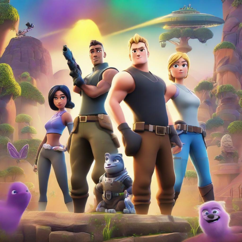 A vibrant and eye-catching Disney movie poster, featuring Fortnite themes and characters in a magical adventure setting reminiscent of Walt Disney's unique storytelling style