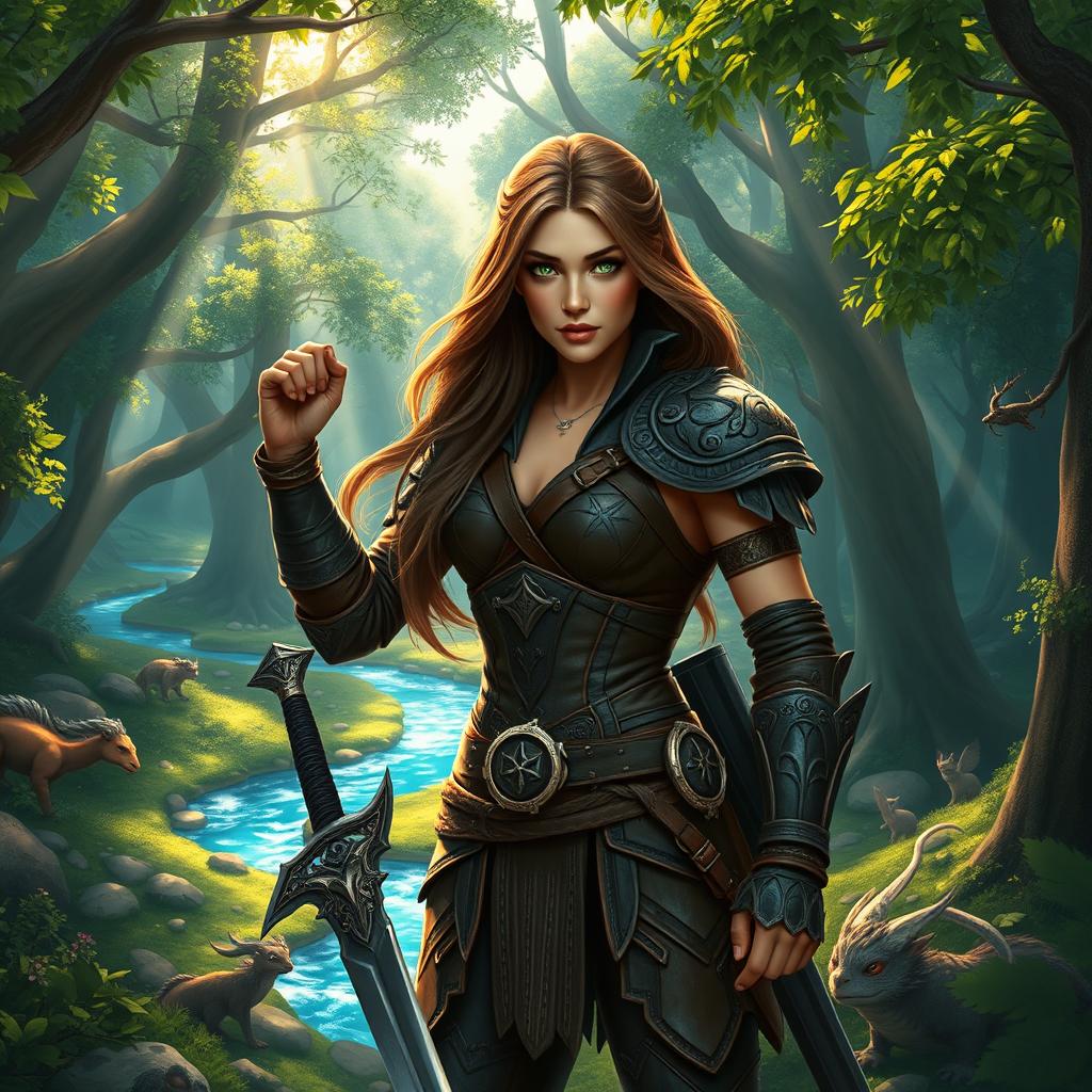 A stunning, fierce female warrior named Alya standing in a lush fantasy forest