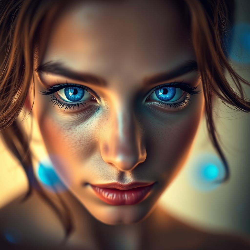A mesmerizing close-up portrait of a person with striking blue eyes that are larger than life, designed to resemble swirling, vibrant blue orbs, creating a dynamic and captivating effect