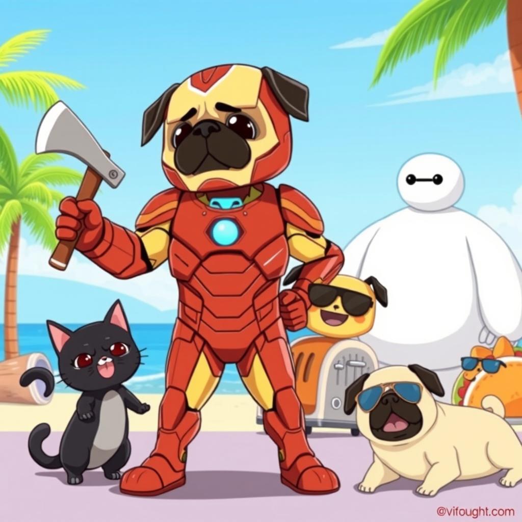 A whimsical animated scene featuring Iron Man with a pug's head, confidently wielding an ax in one hand
