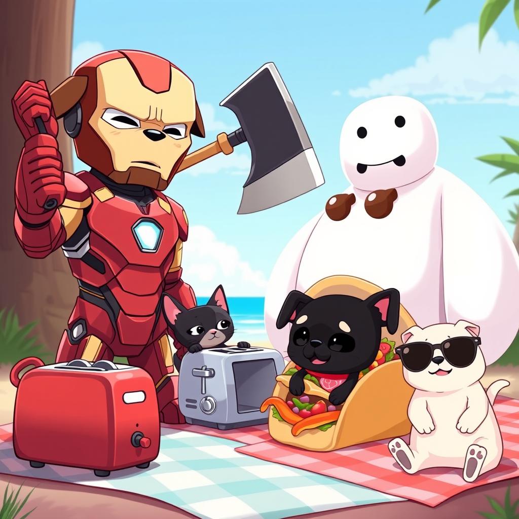 An imaginative animated scene depicting Iron Man with a pug's head confidently wielding an ax in one hand