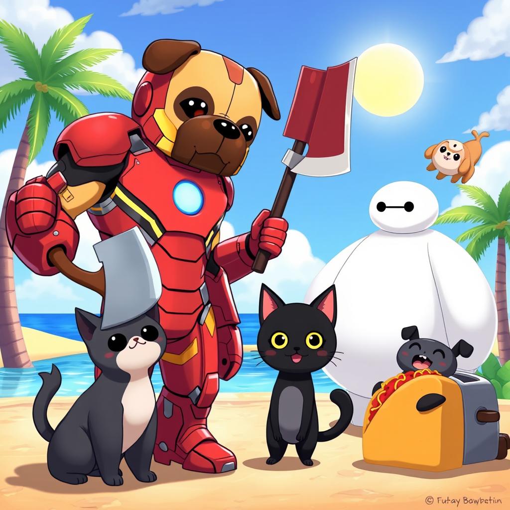 A whimsical animated scene featuring Iron Man with a cute pug's head and an axe in hand